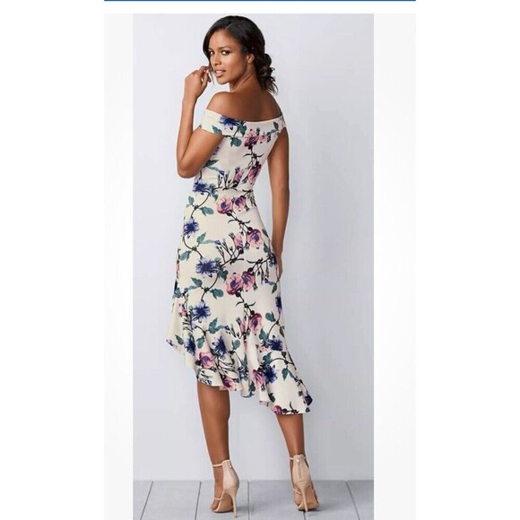Venus Off Shoulder Dress Women's 1Xb Beige Multi-Floral Polyester High-Low Hem - Picture 2 of 7